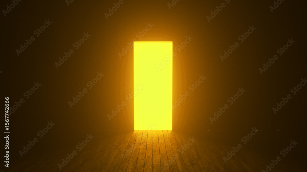 Poster glowing rectangular doorway illuminating wooden floorboards in a dark, atmospheric space, creating a