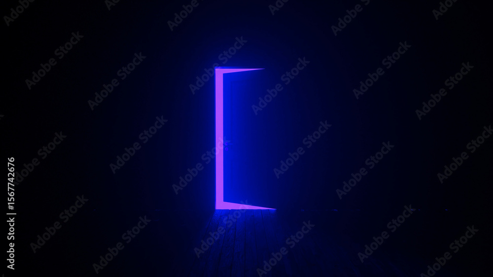 Poster mysterious glowing purple door is slightly open in a dark room, creating a sense of intrigue and won