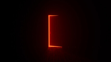 Slightly open door with glowing red light illuminating dark room creates mysterious and suspenseful atmosphere, perfect for thriller or horror projects