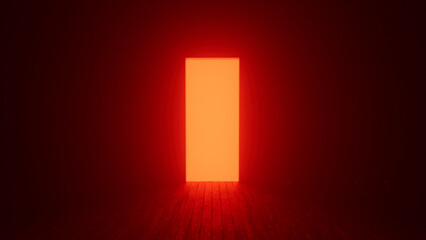 Glowing rectangular doorway illuminating a dark, empty room with a wooden floor, creating a mysterious and surreal atmosphere filled with intrigue and suspense