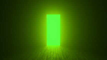 Glowing rectangular doorway casts bright light onto wooden floorboards, illuminating a dark, mysterious room and evoking an eerie, otherworldly atmosphere filled with intrigue