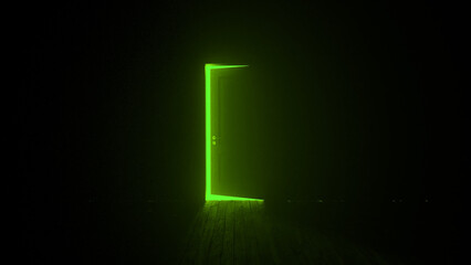 Glowing green door casting light into a dark, empty room with a wooden floor, creating an eerie and surreal atmosphere filled with mystery and a sense of the unknown