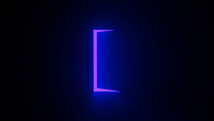 Mysterious glowing purple door is slightly open in a dark room, creating a sense of intrigue and wonder, inviting exploration into the unknown