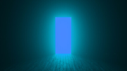 Glowing rectangular doorway illuminating wooden floorboards in empty dark room creates mysterious atmosphere, suggesting new opportunities or unknown possibilities