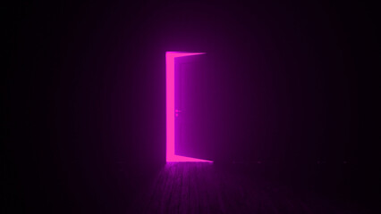 Bright purple light radiates from an open door in a dark room, casting an enchanting glow that invites curiosity and evokes a sense of mystery and possibility