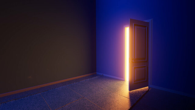 Inviting warm light shining through an open door in a dark room creates a mysterious yet hopeful atmosphere, hinting at possibilities and new beginnings waiting beyond