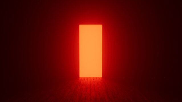 Glowing rectangular doorway illuminating a dark, empty room with a wooden floor, creating a mysterious and surreal atmosphere filled with intrigue and suspense