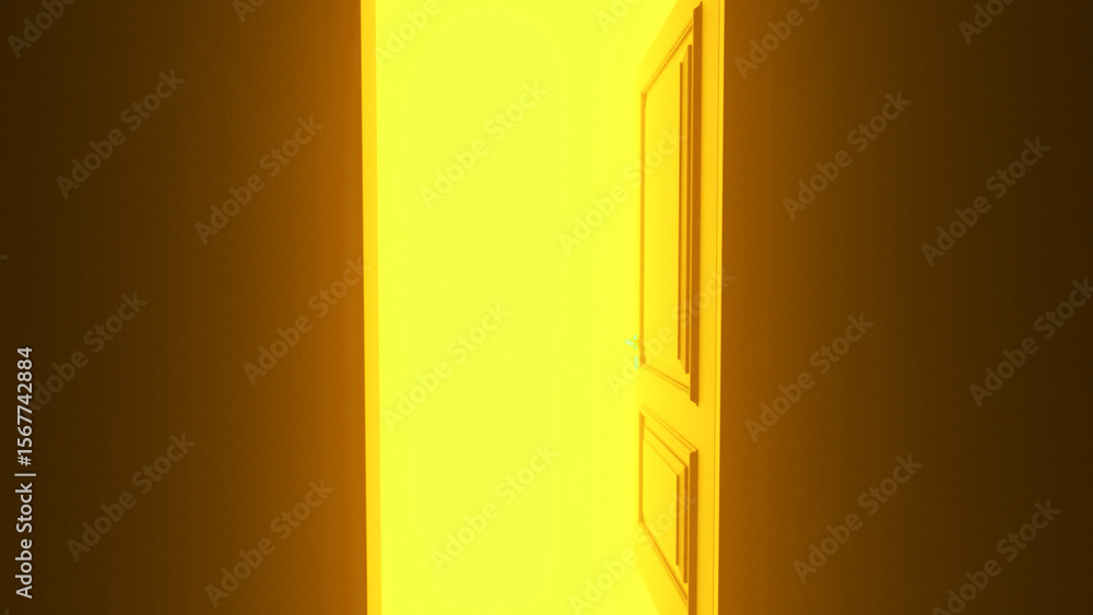 Poster slightly open double door reveals an intense yellow light, creating a symbolic image of hope, opport