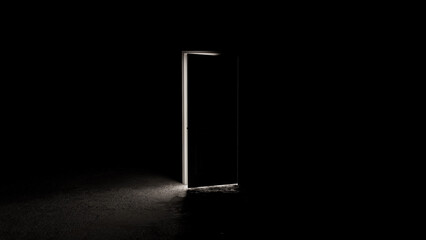 Light shining through an open door into a dark room, creating a bright beam on the floor, symbolizing hope, opportunity, or a new beginning