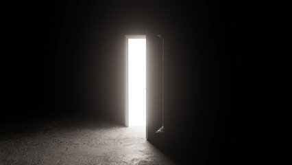 Illuminating a dark room, a mysterious bright light spills in from an open door, creating a striking contrast and evoking a profound sense of mystery and possibility