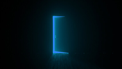 Bright blue light illuminating a slightly ajar door in a dark room, creating an air of mystery and inviting curiosity about the secrets waiting beyond