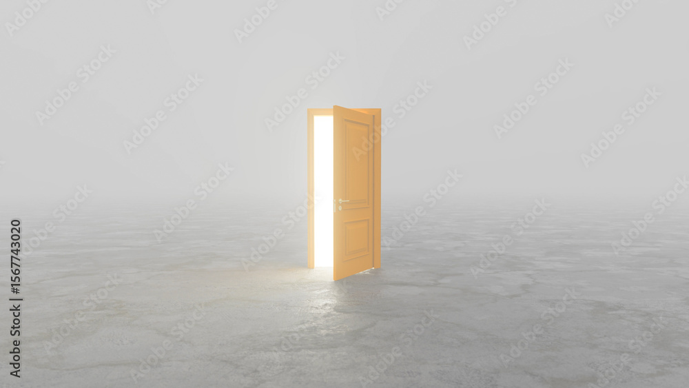 Poster open door illuminating a foggy room with bright light, creating a mysterious and surreal atmosphere 