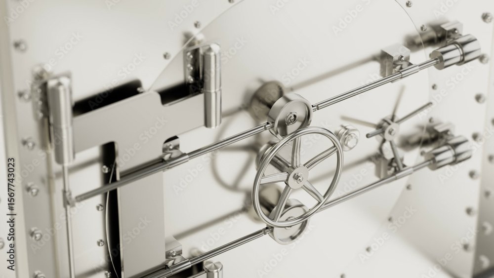 Poster the complex locking mechanism of a vault door is displayed, showcasing multiple interlocking gears, 