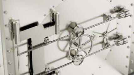 The complex locking mechanism of a vault door is displayed, showcasing multiple interlocking gears, levers, and bolts, emphasizing the robust security measures protecting valuable assets