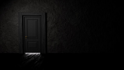Mysterious closed black door with golden doorknob is slightly letting light come into a dark room, creating a concept of hope, new opportunities and mystery