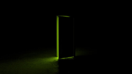 Slightly opened glowing green door illuminating dark room symbolizing hope, new opportunities, mystery, and the unknown in a conceptual image with a dark, mysterious, and intriguing atmosphere