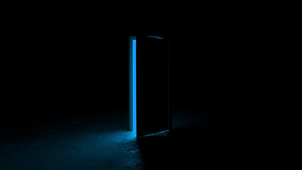 Slightly open door is letting a bright blue light illuminate a dark room, creating a symbolic image of hope, opportunity, and new beginnings