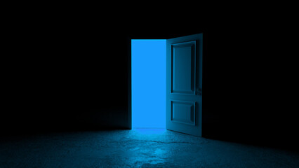 Open door is illuminating a dark room with blue light, symbolizing hope, opportunity, and new beginnings in a mysterious and surreal atmosphere