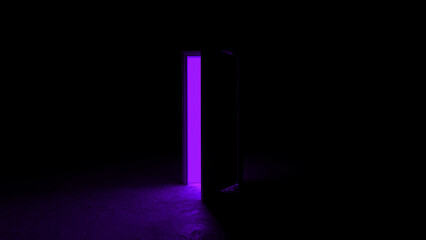 Vivid purple light spilling from an open door illuminates a dark room, crafting an atmosphere filled with mystery and intrigue, inviting exploration into the unknown