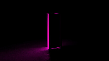 Slightly open door allowing bright pink light to spill into a dark room, creating a mysterious and surreal atmosphere filled with both opportunity and danger