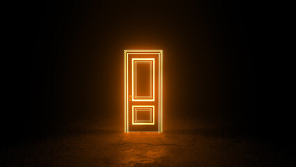 Minimalist rendering featuring a brightly glowing orange door illuminating a dark room, symbolizing hope, opportunity, and new beginnings while inviting exploration and discovery