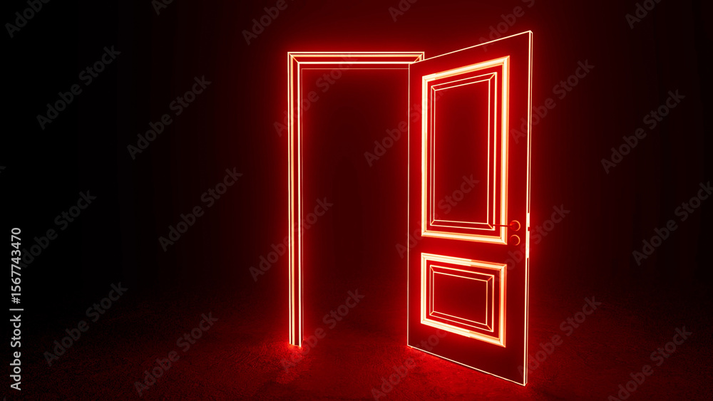 Poster open door with glowing red neon lights illuminating a dark room, creating a mysterious and inviting 