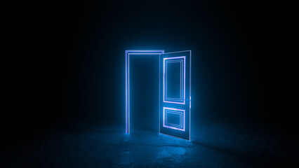 Ethereal open door outlined in glowing neon light beckons from a dark room, symbolizing new opportunities and the potential for exciting journeys and transformative experiences