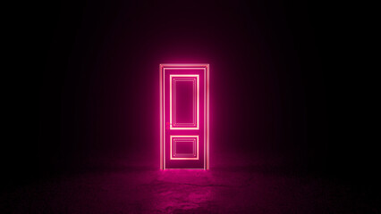 Glowing pink neon door illuminating dark room creating mysterious and surreal atmosphere, perfect for backgrounds and concepts related to mystery, opportunity, and the unknown