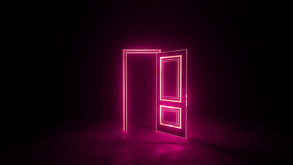 Futuristic, glowing rectangular door is opening into a dark room, revealing a light pink background, creating a sense of mystery and wonder