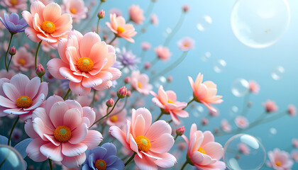 Fototapeta premium Blooming Floral Fantasy: A breathtaking display of delicate pastel flowers unfolds in a dreamlike realm, their soft petals kissed by gentle light, capturing the essence of tranquility and beauty.