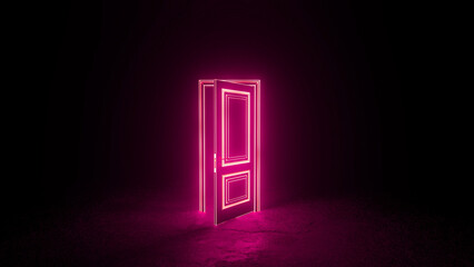 Glowing outline of open double doors casting pink neon light into a dark room, creating a mysterious, futuristic atmosphere of opportunity and the unknown