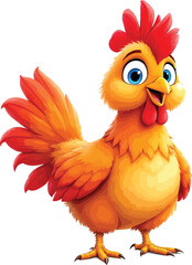Cartoon Chicken Character – Vector Illustration of Colorful Orange and Yellow Hen with Red Comb, Blue Eyes, and Spread Wings