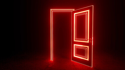 Open door with glowing red neon lights illuminating a dark room, creating a mysterious and inviting atmosphere, symbolizing new opportunities and unknown possibilities