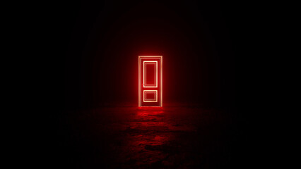 Vibrant red neon door stands glowing in a dark room, casting an eerie light on the rough concrete floor, creating a mysterious and intriguing atmosphere