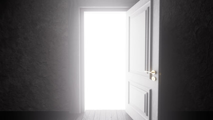 Open white door allowing bright light to flood into a dark room, symbolizing hope, opportunity, and new beginnings while illuminating a path toward transformation and discovery