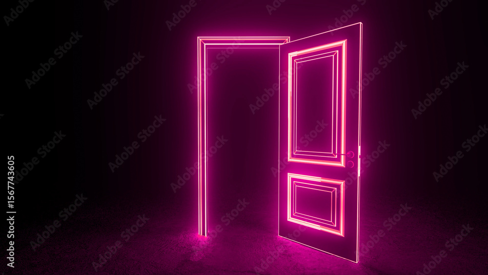 Poster bright pink neon light outlines a rectangular door frame and a partially opened door in a dark room,