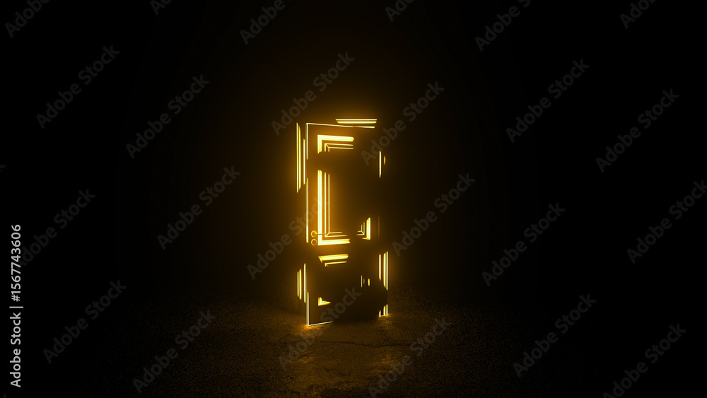 Poster bright yellow rectangular door frame glowing in a dark room, casting light and creating a mysterious