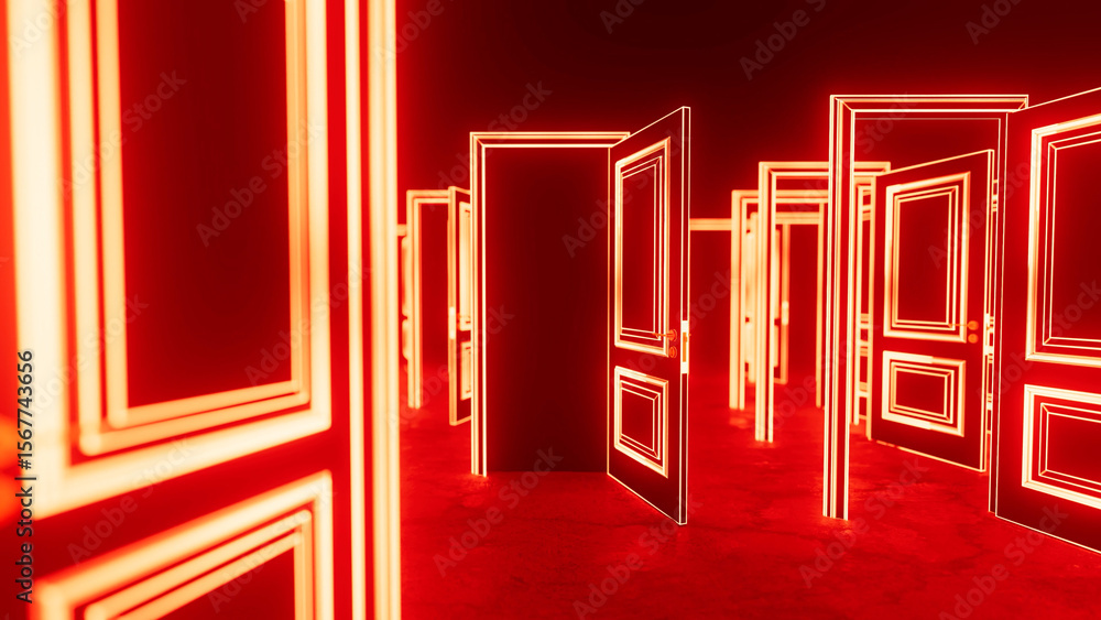 Poster many doors with glowing red neon frames are opening to infinite possibilities in a dark room with re