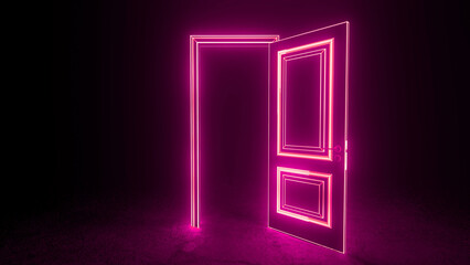 Bright pink neon light outlines a rectangular door frame and a partially opened door in a dark room, creating a mysterious and futuristic atmosphere