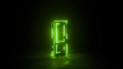 Vibrant green neon door illuminates a dark room, emanating an ethereal glow, symbolizing new opportunities, mystery, and the unknown, creating a captivating visual