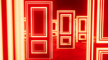 Glowing red doors symbolize choices and opportunities, representing the power of decision making in life's journey, illuminating paths filled with potential and mystery