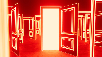 Open door showing bright light in dark room with many closed doors, creating a concept of hope, opportunity, solution, way out, right choice and business success