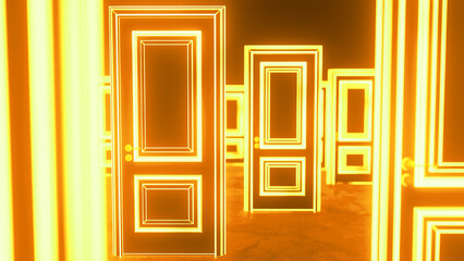 Glowing golden doors standing slightly ajar, inviting warm light and creating a surreal sense of infinite choices, embodying hope and the promise of new opportunities