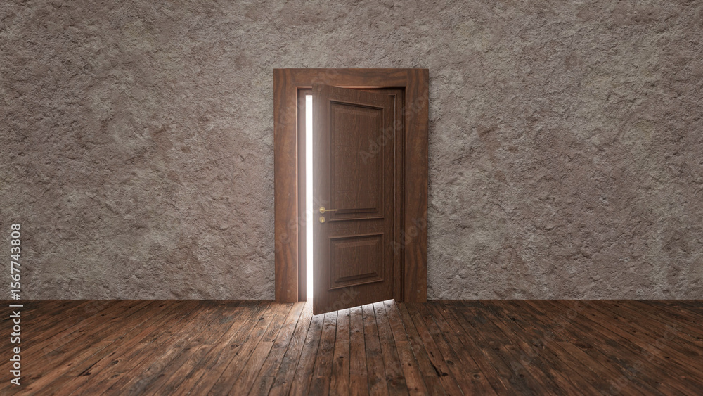 Poster bright light streaming through an open door illuminates an empty room with a wooden floor and rough 