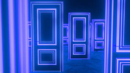 Many glowing blue neon doors stand in a dark room, creating a surreal and futuristic atmosphere representing infinite possibilities and choices