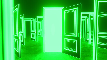 Fototapeta premium Many doors are closed with green neon light and only one is open, leading to a bright light, creating a concept of choice, opportunity, and success