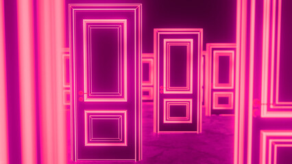 Many pink neon doors are standing in a dark room, creating a surreal and futuristic atmosphere representing infinite choices and possibilities