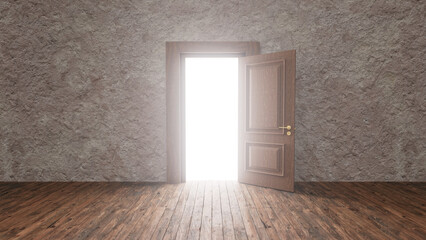 Bright light streaming through an open door illuminates a dark room with a wooden floor, evoking a sense of mystery and hope, inviting possibilities and new beginnings