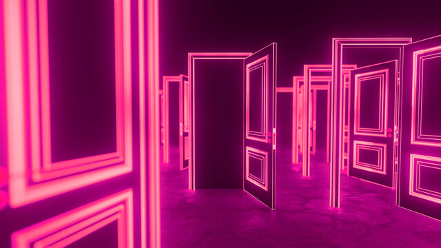 Opening infinite pink neon doors, inviting exploration of new possibilities and diverse choices, embodying opportunity, decision making, and visions of the future
