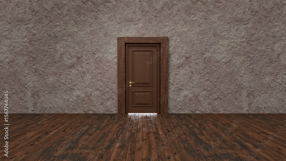 Poster light is coming from under a closed wooden door in an empty room with stone wall and wooden floor, c